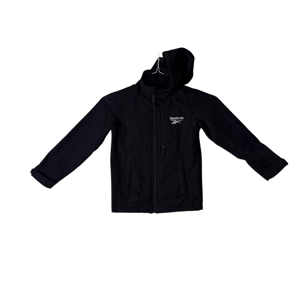 Reebok Boys Black Softshell Hooded Jacket Full Zip Fleece Lined Size 5/6